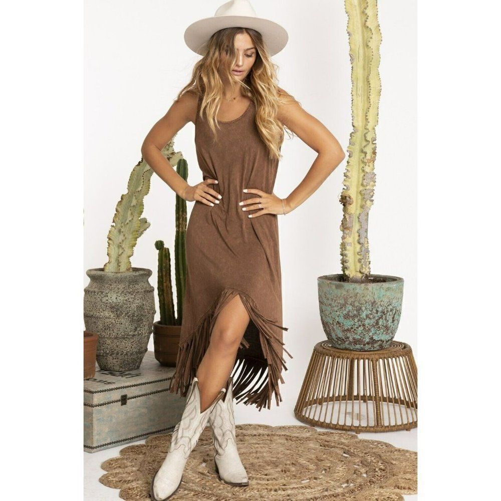 Blue Buttercup Mineral Washed Camel Fringe Midi Dress New S-L KD81386